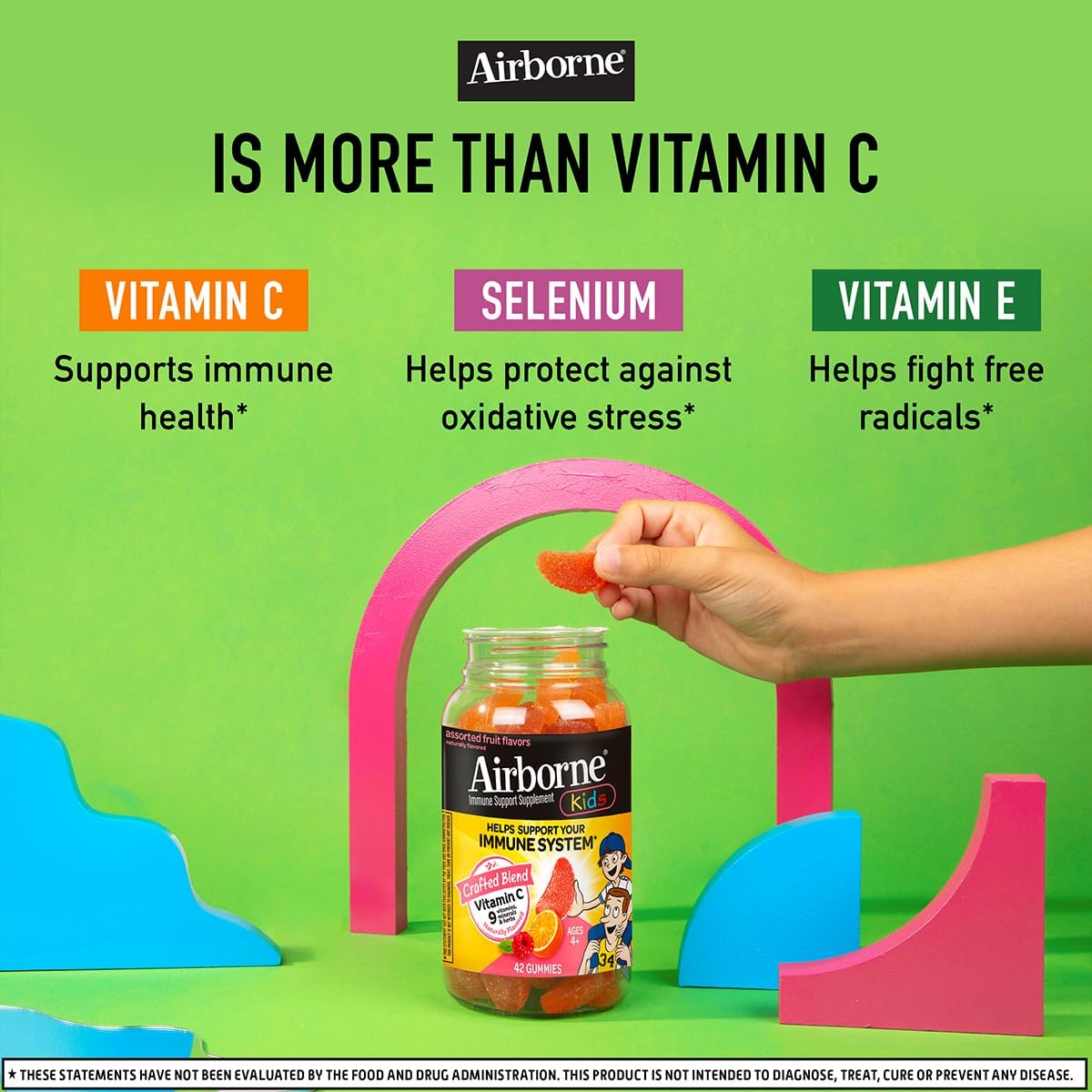 Airborne 500mg Vitamin C + Zinc Immune Support Supplement Gummies for Kids, Assorted Fruit Flavor, Gluten Free Crafted Blend with Powerful Antioxidants Vitamins C & E, 42 Gummies (6 Pack)