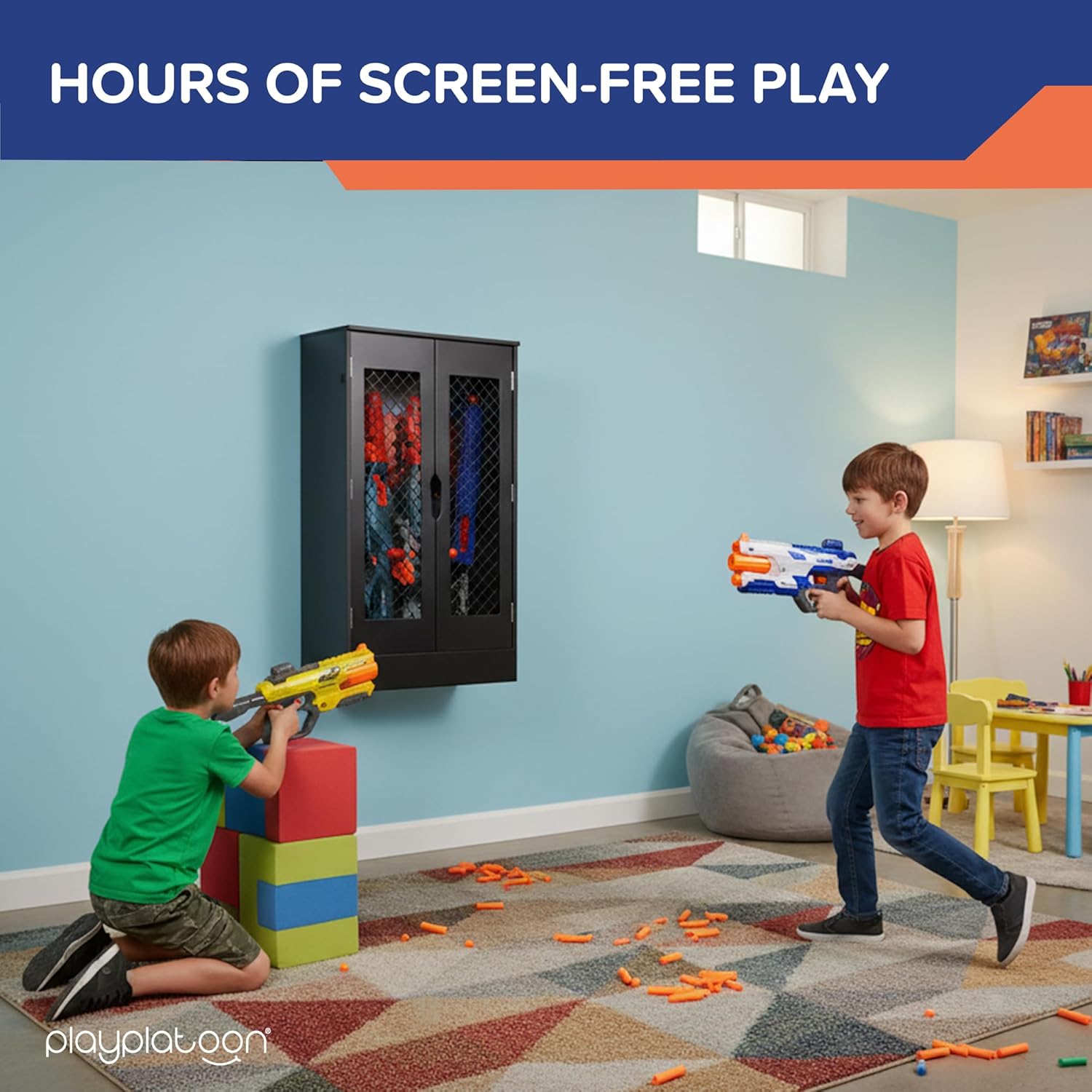 Play Platoon Storage Rack Locker for Nerf Gun Storage & Nerf Accessories - 34x18 in. Wall Mount Organizer & Display, 5 Toy Gun Holder for Wall with Magnetic Doors & Acrylic Window