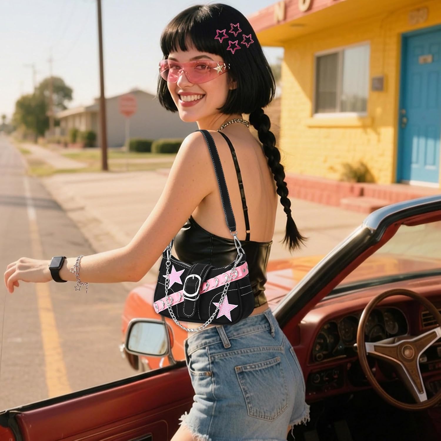 JATEBI Y2K Purse Shoulder Bag with Retro Sunglasses Layered Necklace Bracelet Hair Clips & Bag Charm, Accessories Set for Women Teens, Gift for Carnival Festival Concert Party - Image 6