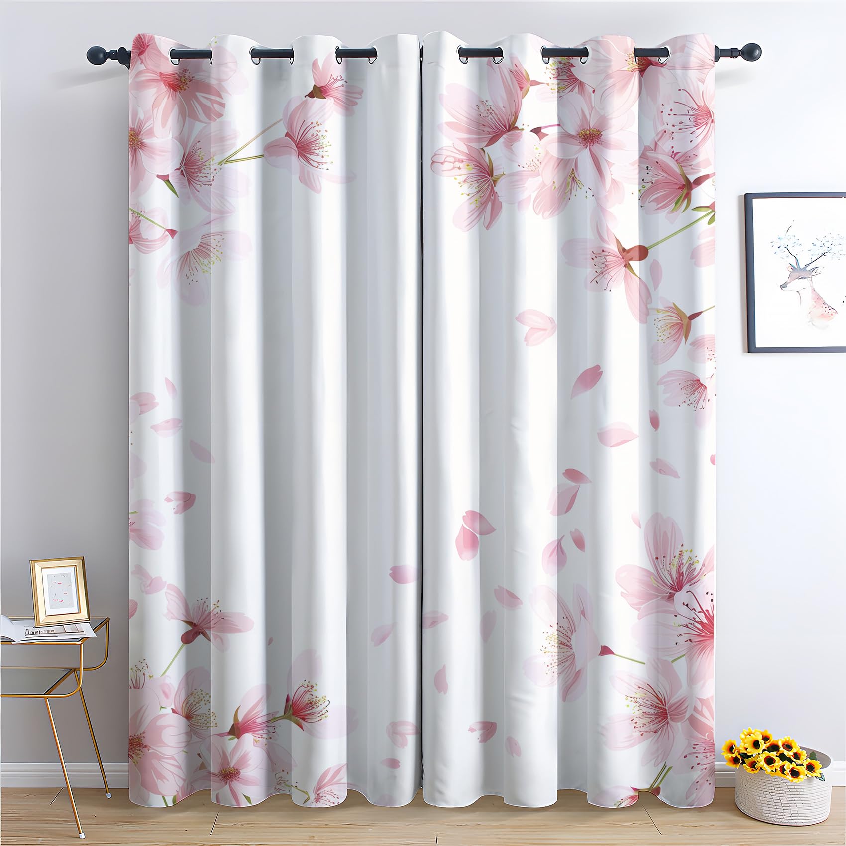 Zcwl Pink Flower Curtains For Bedroom Living Room, Floral Patterned Blackout Curtains, Thermal Insulated Eyelet Curtain, 90 Drop Window Treatments Drapes, 66X90 Inch (W X L), 2 Panels
