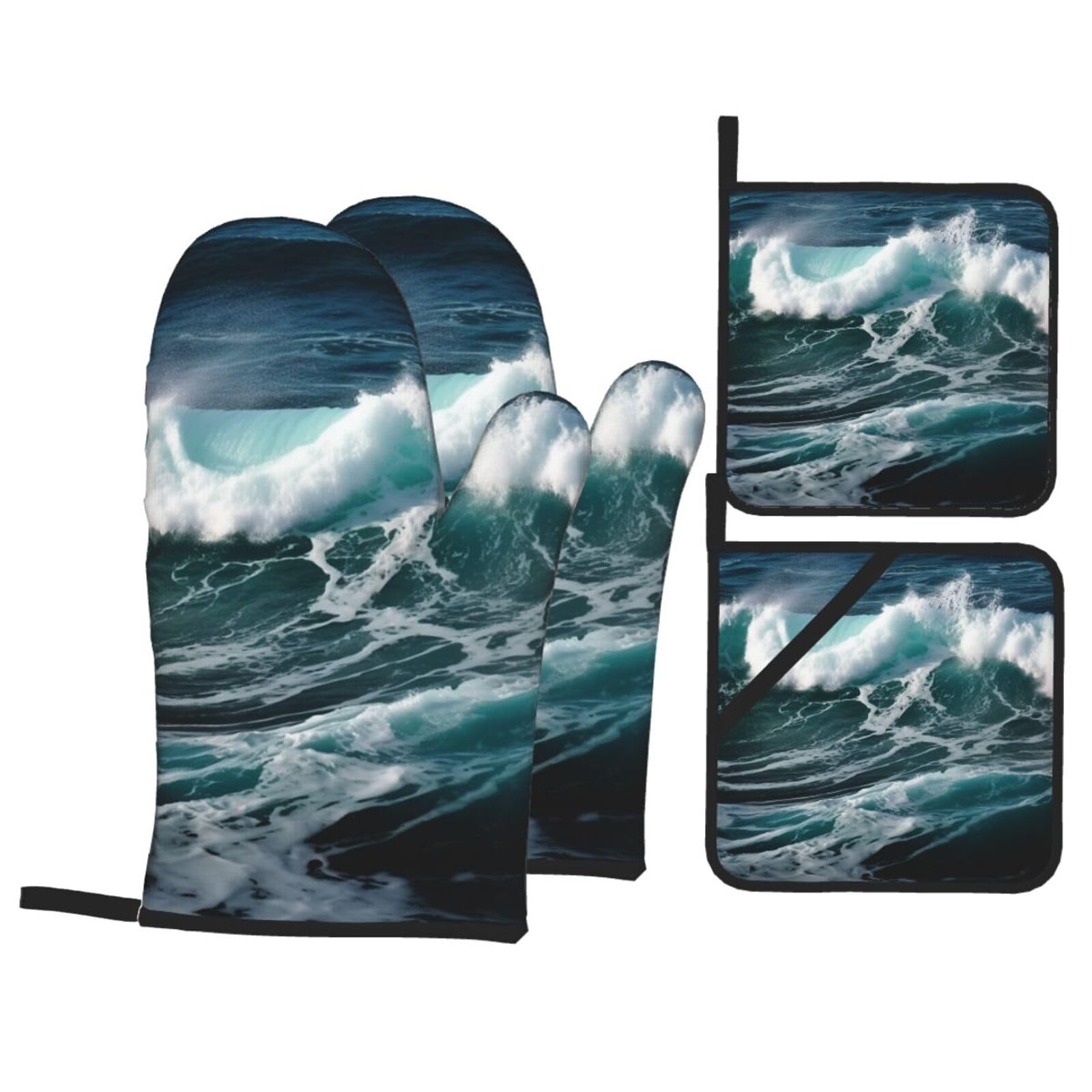 Gants de cuisine et maniques Ocean Waves anti-chaleur : lot de 4 accessoires de cuisson longs