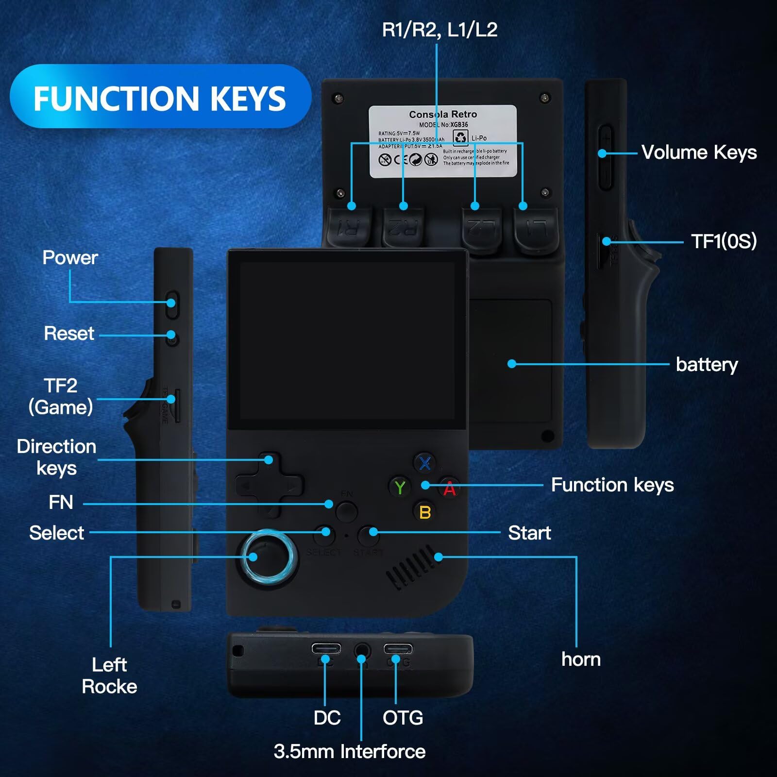 HaeKap New XGB36 Handheld Game Console with 3.5 inch Display Screen, Support for Linux System, Built-in 15000 Games Classic Game Console, 64G - Black
