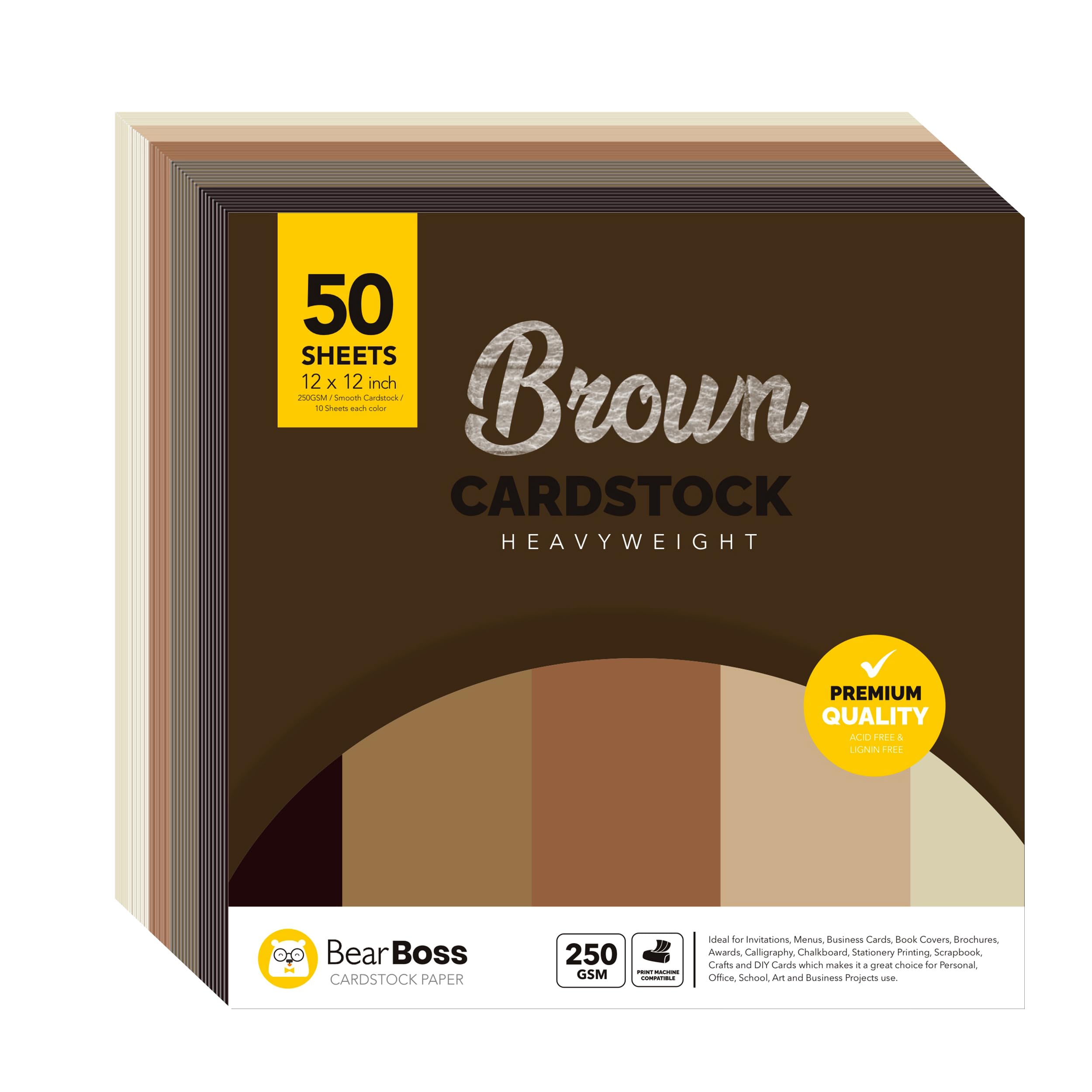 BearBoss Brown Kraft Cardstock Paper 12x12 inch 50 Sheets, Heavyweight 92lb Cover for Crafts DIY Cards Making