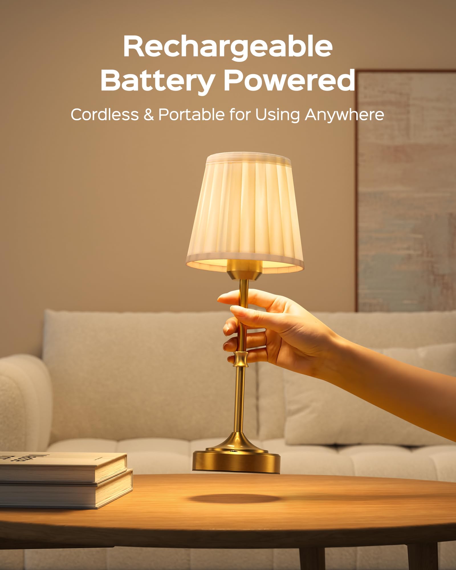 Lámpara De Escritorio Seyxicnor Lámpara De Mesa Inalámbrica Dorada Recargable, Batería De 5400 MAh, Luz De Mesa De Metal Con 3 Alturas Ajustables, Lámpara De Lampara De Mesa