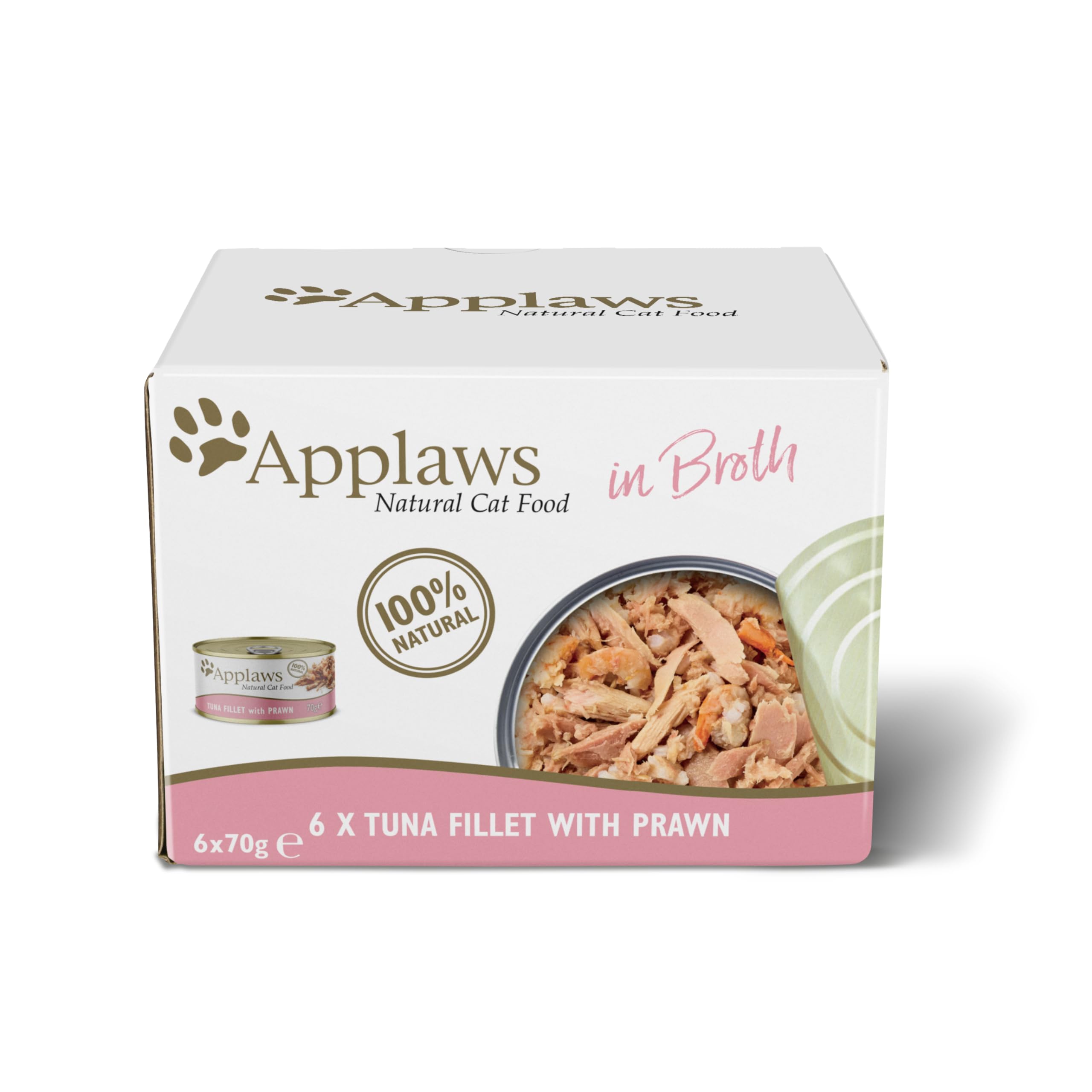 Applaws Comida Húmeda para Gatos Adultos, Filete de Atún 100% Natural con Langostinos en Caldo - Paquete de 4X(6x70g) Total 24 Latas
