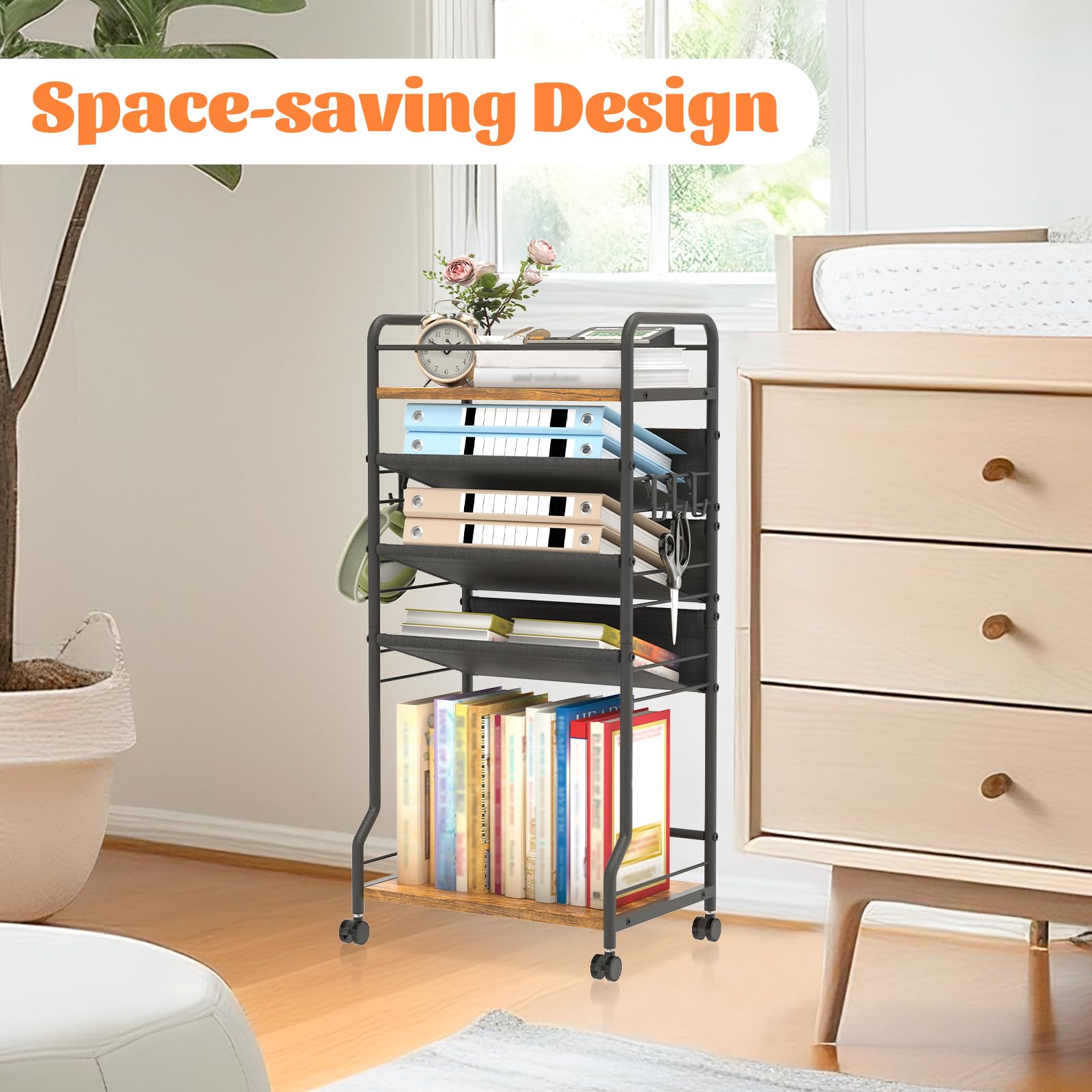 Rollbarer Aktenwagen mit 5 Ebenen, mobiler Bücherwagen mit Rollen, Metall, Holz, bewegliches Bücherregal, Tischregal, Büro, Papieraufbewahrung, Organizer für Zuhause, Schule, Lehrer,