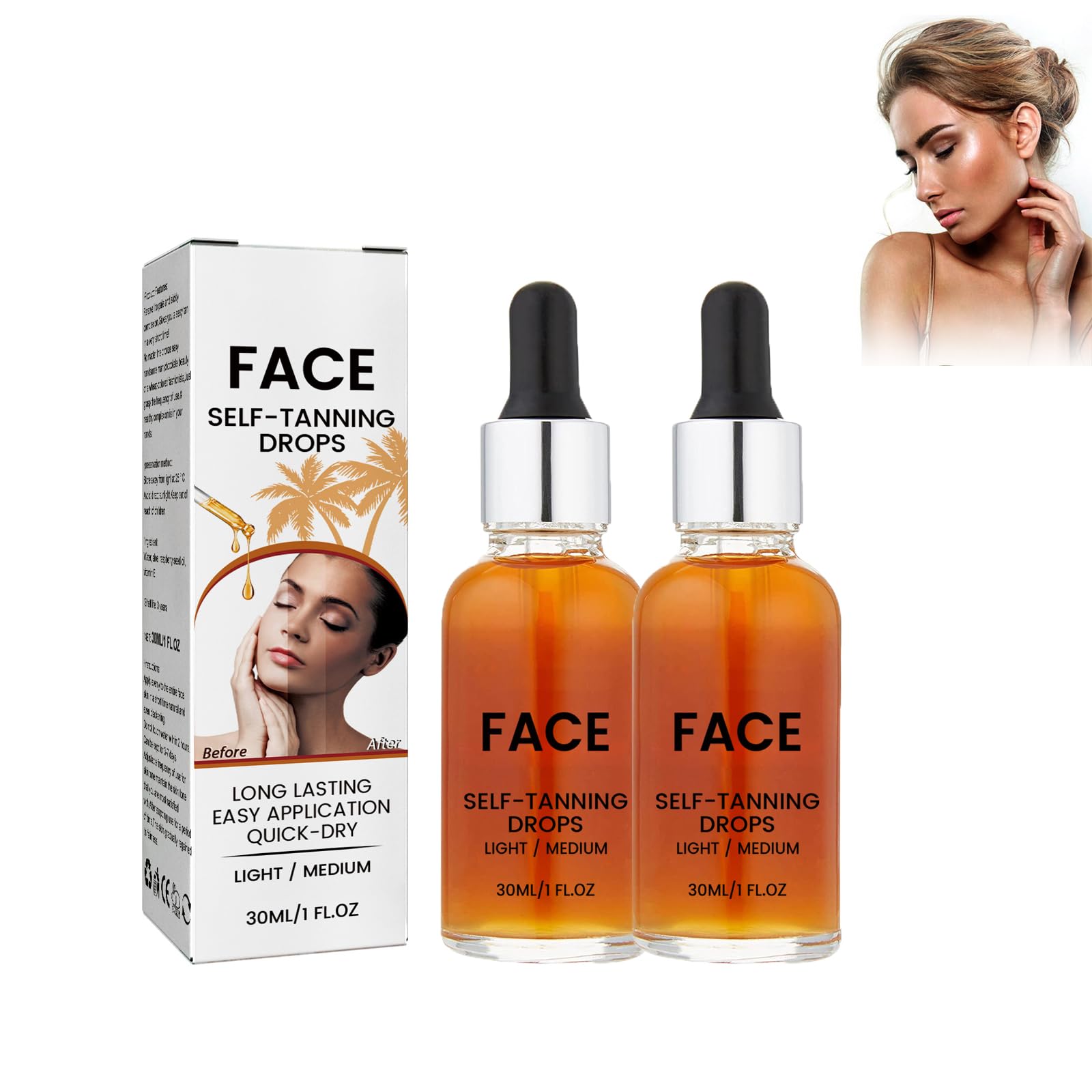 Dyceittdia 2PCS Gotas de Bronceado para el Cuerpo, Suero Bronceador Facial, Fluido Bronceador Nutritivo de Belleza sin Sol,Para Cara, Cuerpo, 2PCS*30ml, self-tanning (01)