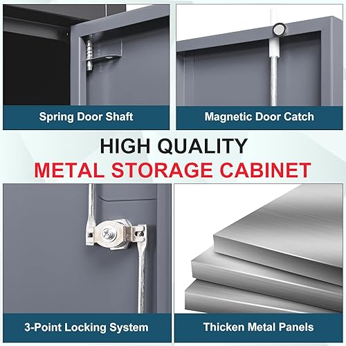 Vista 75 de MIIIKO Armario de almacenamiento de metal con puertas de bloqueo, armarios de acero con cerradura de garaje negro con 4 puertas y 5 estantes