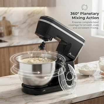 Alivio 5L Stand Mixer 1500W Heavy Duty Kitchen Mixer, 10+P Speed Control, Compact Electric Food Mixer with Dough Hook, Flat Beater & Whisk, Stainless Steel Bowl for Baking, Kneading & Whipping (Black)