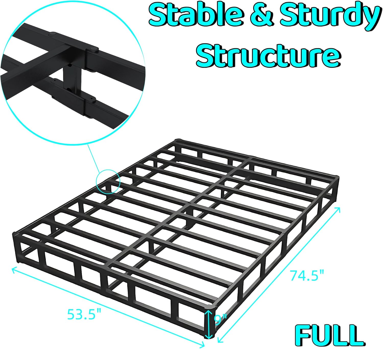 Full Bed Frame,9 Inch Metal Box Spring with More Steel Slat Support,Low Profile Full Metal Platform Bed Frame with Round Corner Edges Support Mattress Foundation/Easy Assembly/Noise Free
