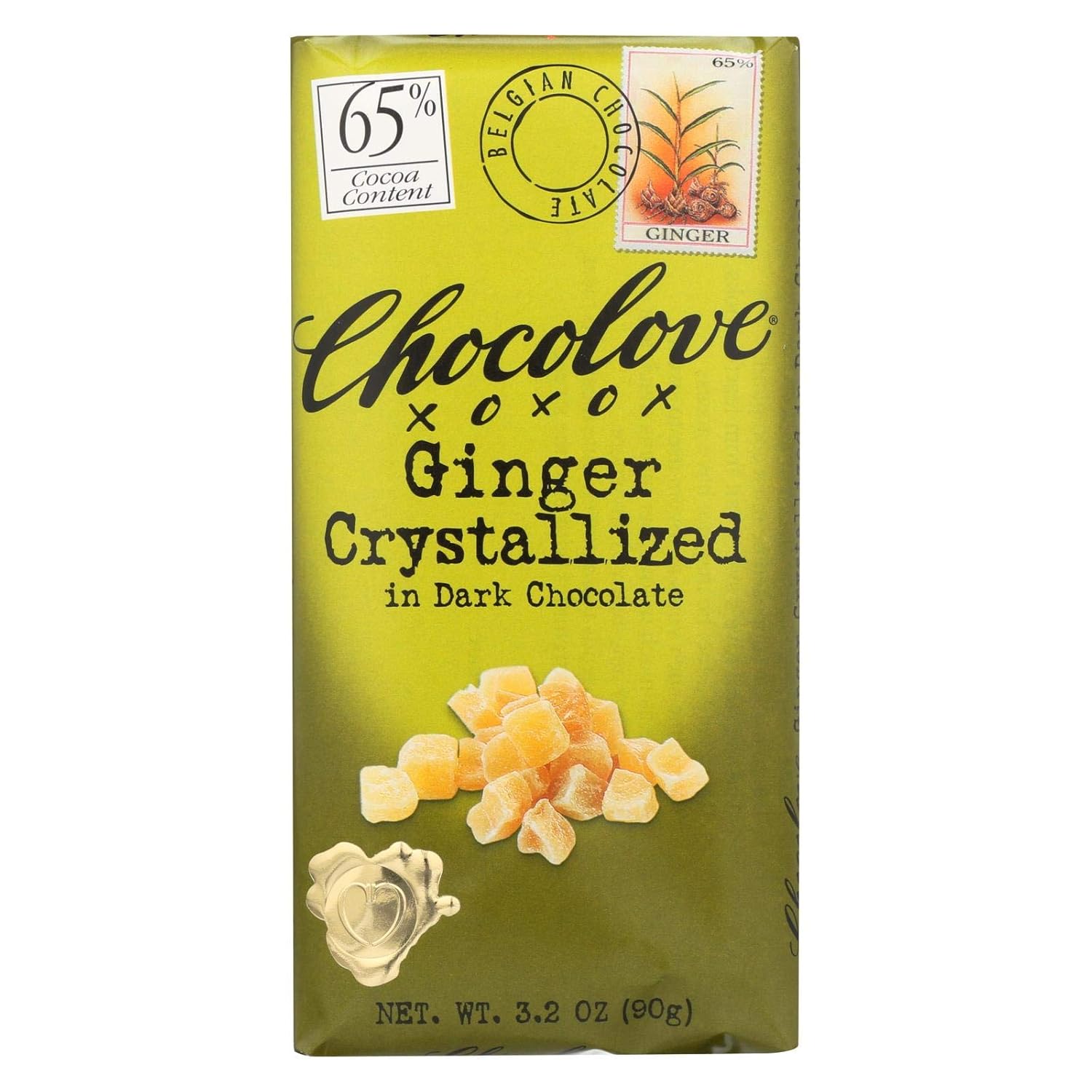 Chocolove Xoxo Dark Chocolate Bar Crystallized Ginger 3.2