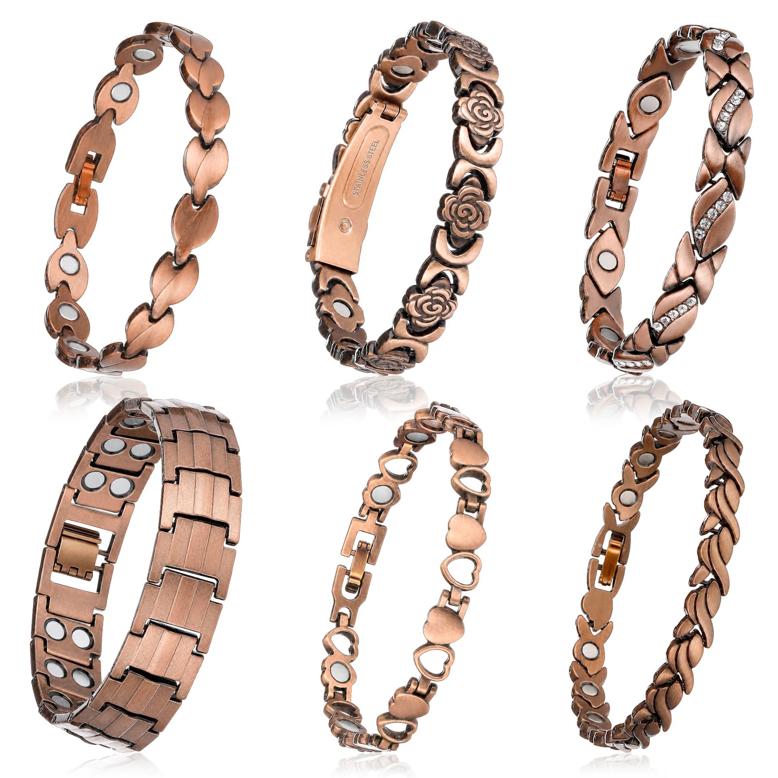 Highergo 6 Pcs Copper Magnetic Bracelet for Women Adjustable, Retro