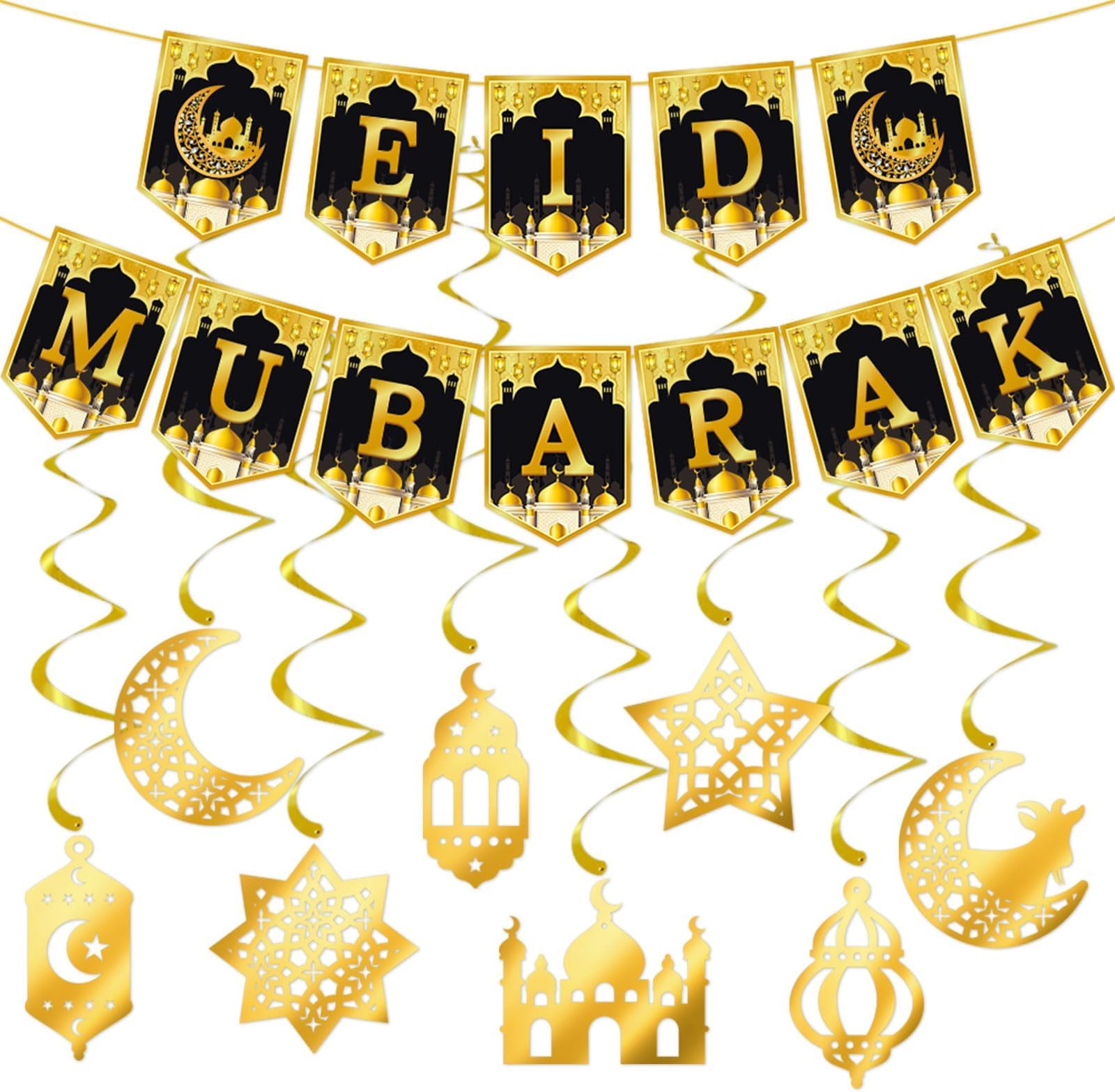 Eid Mubarak Decorations - Glitter Eid Mubarak Banner with Hanging Swirl Moon Star Decorations, Ramadan Decorations for Home Hanging Streamer Backdrop Banner, Islam Party Decor