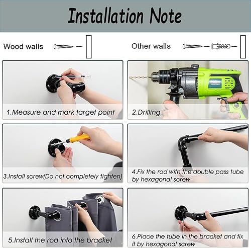 Miniatura 13 de Barra de cortina rústica – Barra divisora ajustable para ventanas de 28 a 48 pulgadas – 1 pulgada negro industrial envolvente al aire libre barras