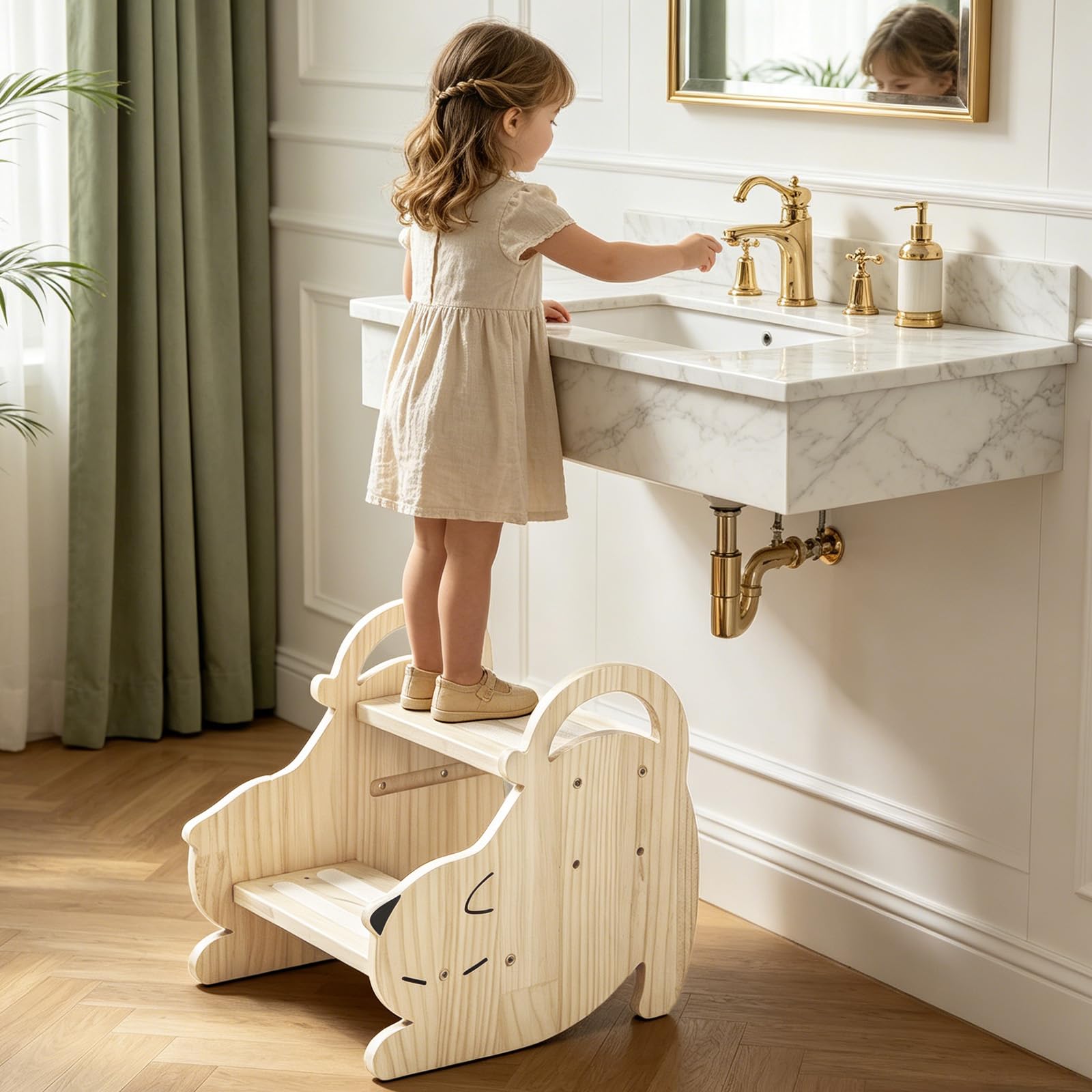 Marchepied pour Enfant, Antidérapant Portables Tabouret Marche Pied Bois 2 Marches Stable Marche Pied Enfant Charge Maximale 150kg, Deux Hauteurs Réglables, pour Salle de Bain et Cuisine, Chat