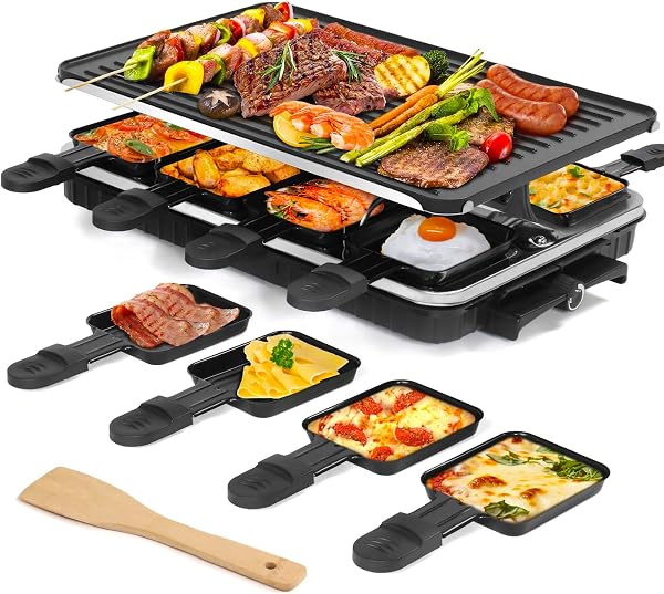 Electric Smokeless Raclette Grill with 8 Cheese Pans