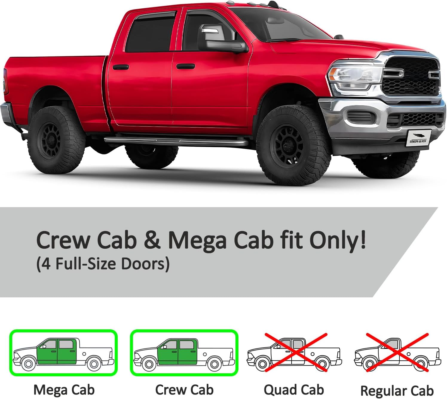 Voron Glass in-Channel Extra Durable Rain Guards for Ram 2500/3500 2010-2026 Crew Cab, Window Deflectors, Vent Window Visors, 4 Pieces - 200516