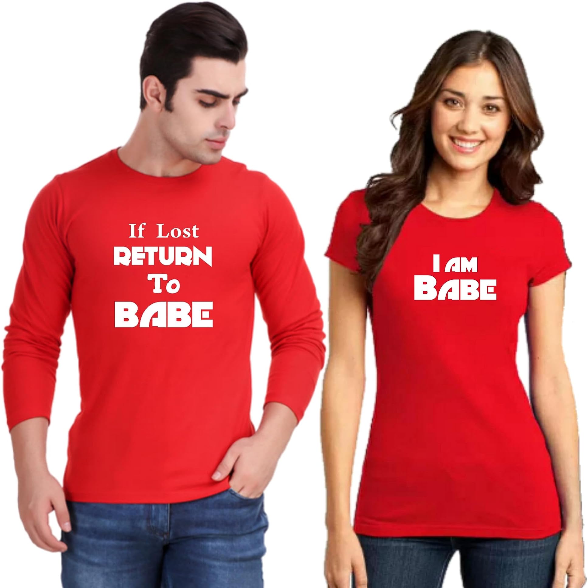 GenericTouchme Fashions | Couple Lovers Pack Cotton | If Lost Return to Babe and I Am Babe | Couples Printed | Full Hand Round Neck | Red T Shirts | for Couple - Pack of 2