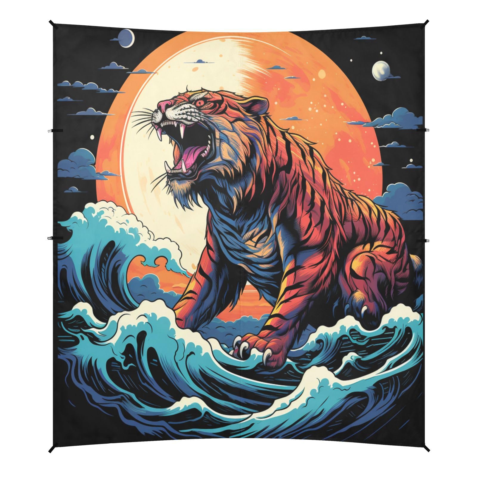 Acuarela Arte Tigre Luna Tienda de Playa de FáCil Montaje,Toldo Parasol para Camping con Sacos de Arena,Palas y Estacas para Picnics Al Aire Libre