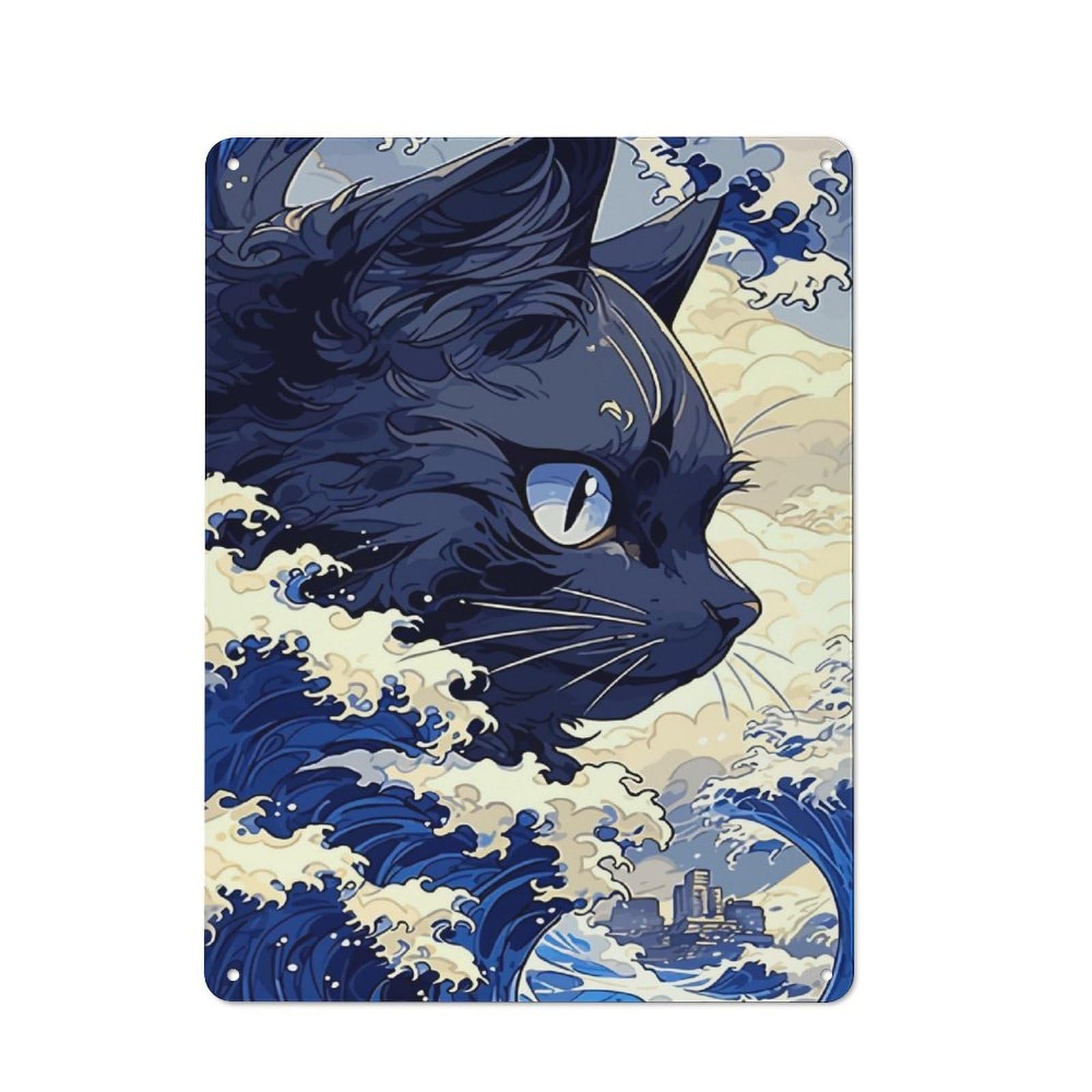 Junmoney Cat In Wave Rustic Metal Sign 40X30cm For Hallway Wall, For Collectors Of Rustic Metal Wall Decor
