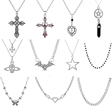 11Pcs Punk Vintage Necklace Set Goth Grunge Saturn Star Indie Butterfly Boho Crystal Y2k Cross Pendent Heart Wing Statement Choker for Women Men