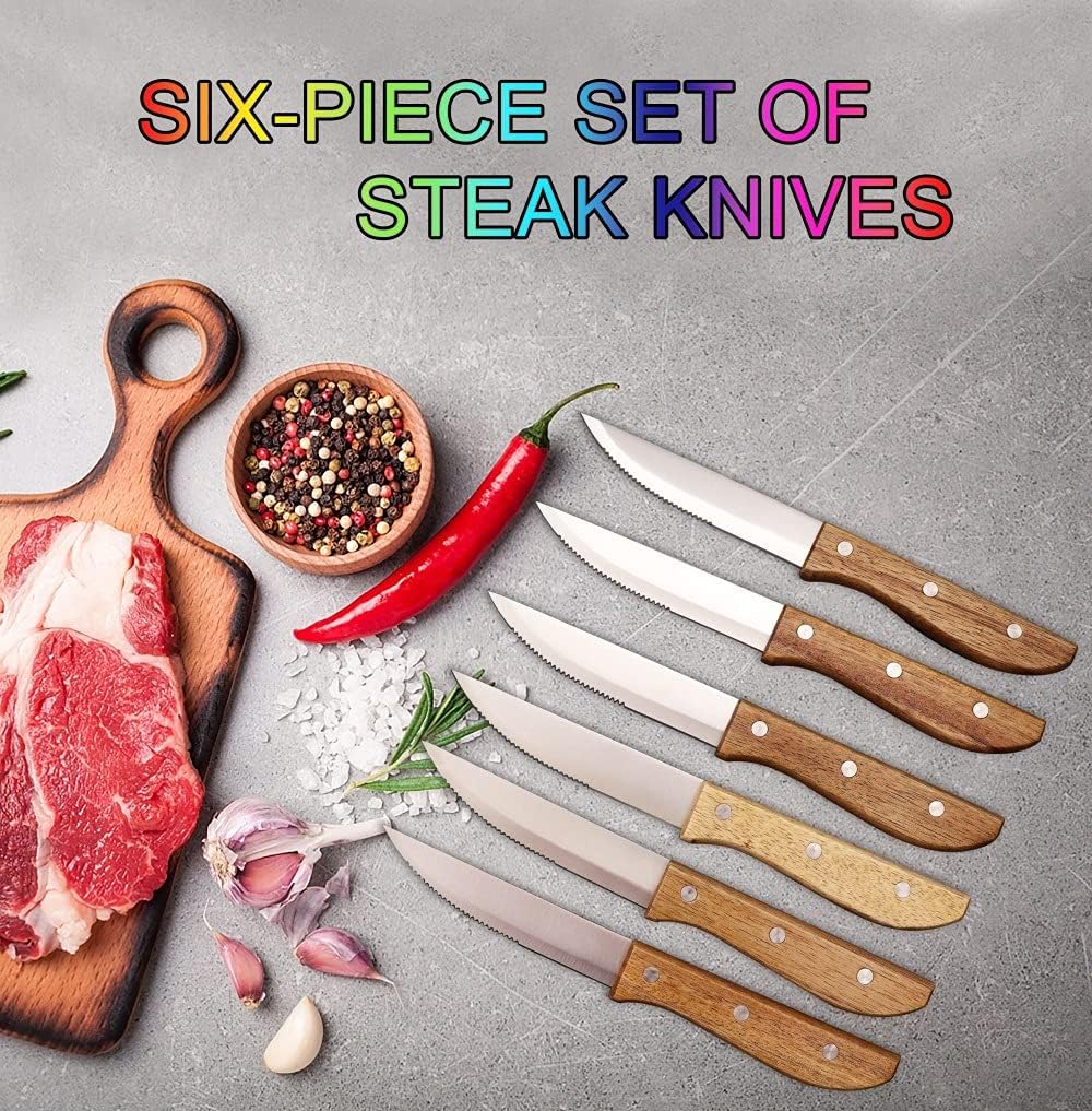 Steak Knife Set, 6pcs Stainless Steel Steak Knife Set Steak Knives With Wood Handle Table Knives Set Restaurant Cutlery Dinnerware BY KKZY