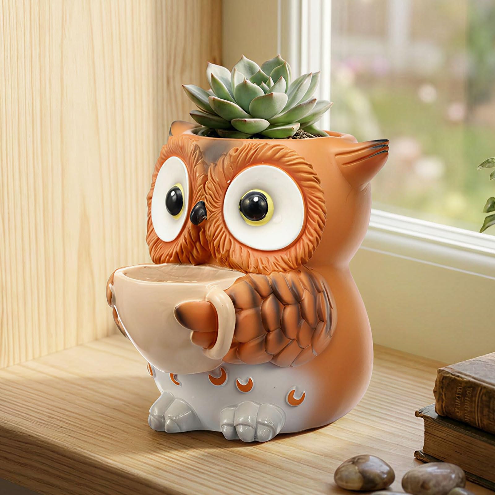 shaojian Cute Succulent Pots Unique Small Plant Pots with Drainage Hole, Rocking Chair Planter for Outdoor Indoor Plants, Resin Flower Pot for String of Pearls Succulent Cactus(Brown Owl & Cup)