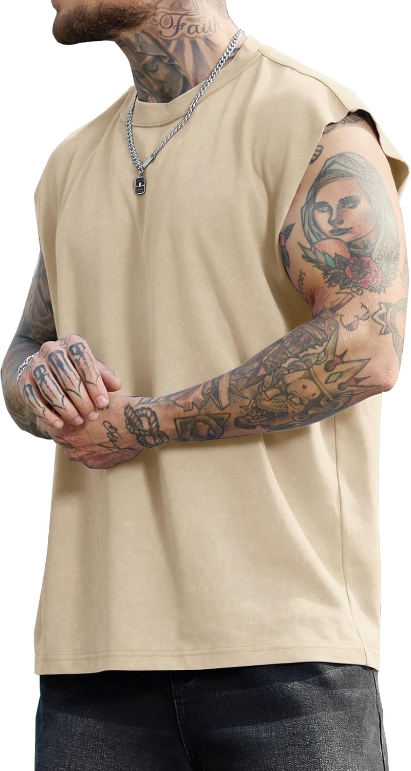 PLEPAN Men's Muscle Sleeveless Cotton Tank Tops Cut Off Fashion Washed T Shirts Workout Tee