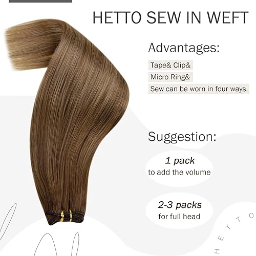 Miniatura 5 de Hetto Extensiones de cabello humano real Remy para coser, 20 pulgadas, 3.53 oz (3.53 oz), color marrón #6 a #8 castaño miel con #14 rubio oscuro