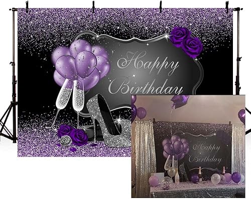 MEHOFOND Accesorios de fondo de fotos morados y plateados, tacones altos plateados, globos de champán, rosa morada, mujer, decoración de fiesta de