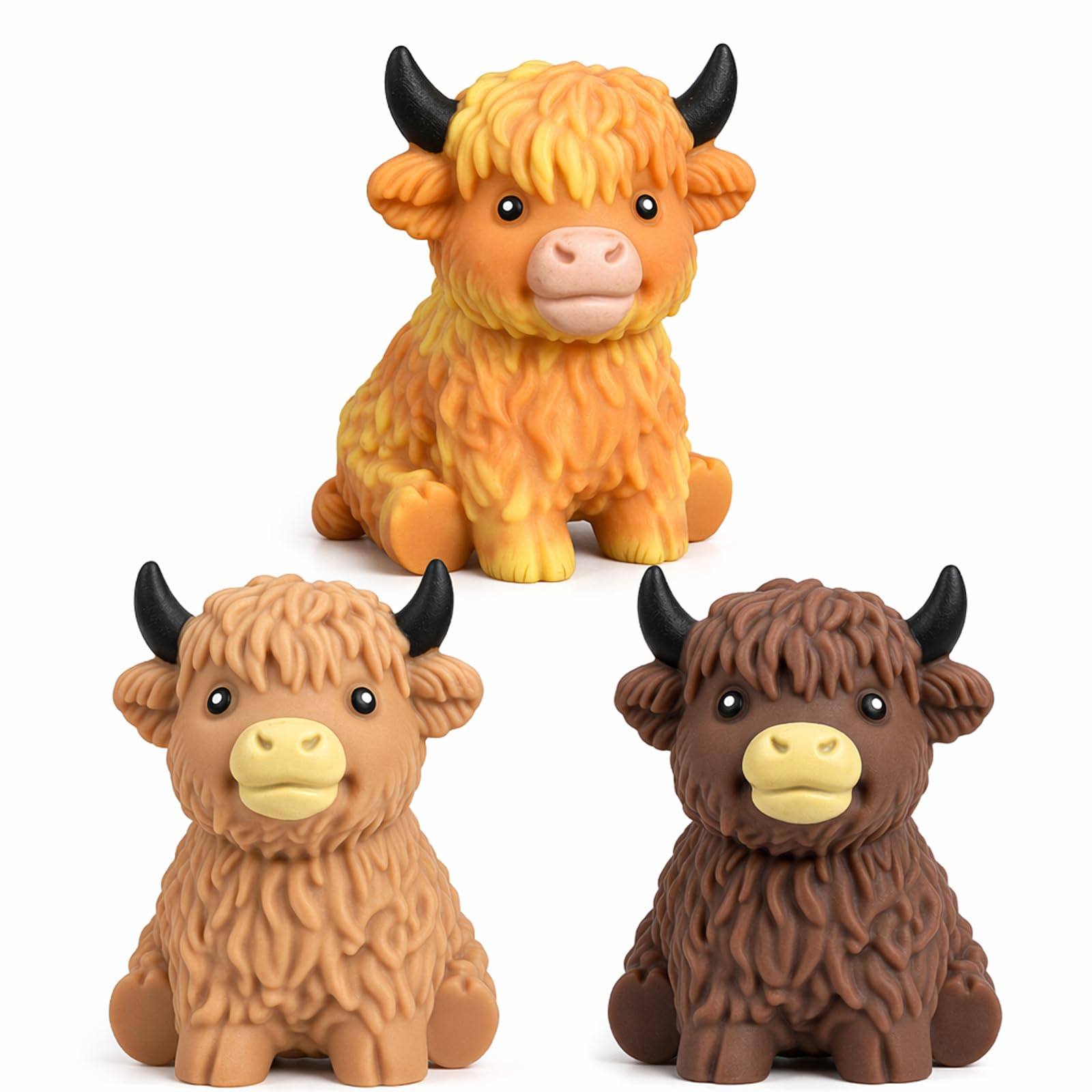 Highland Cow Squishy, Cow Toy, Desk Decoration and Stress Relief, 3-Piece Set with Light, Dark and Orange Highland Cow Figures, Portable Soft Highland Cow Toy Collection for Animal Enthusiasts