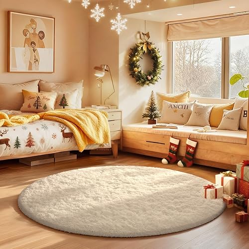 Miniatura 74 de Ophanie - Alfombra redonda rosa para dormitorio de niñas, alfombra circular de área de felpa kawaii esponjosa para niños, linda alfombra de Navidad