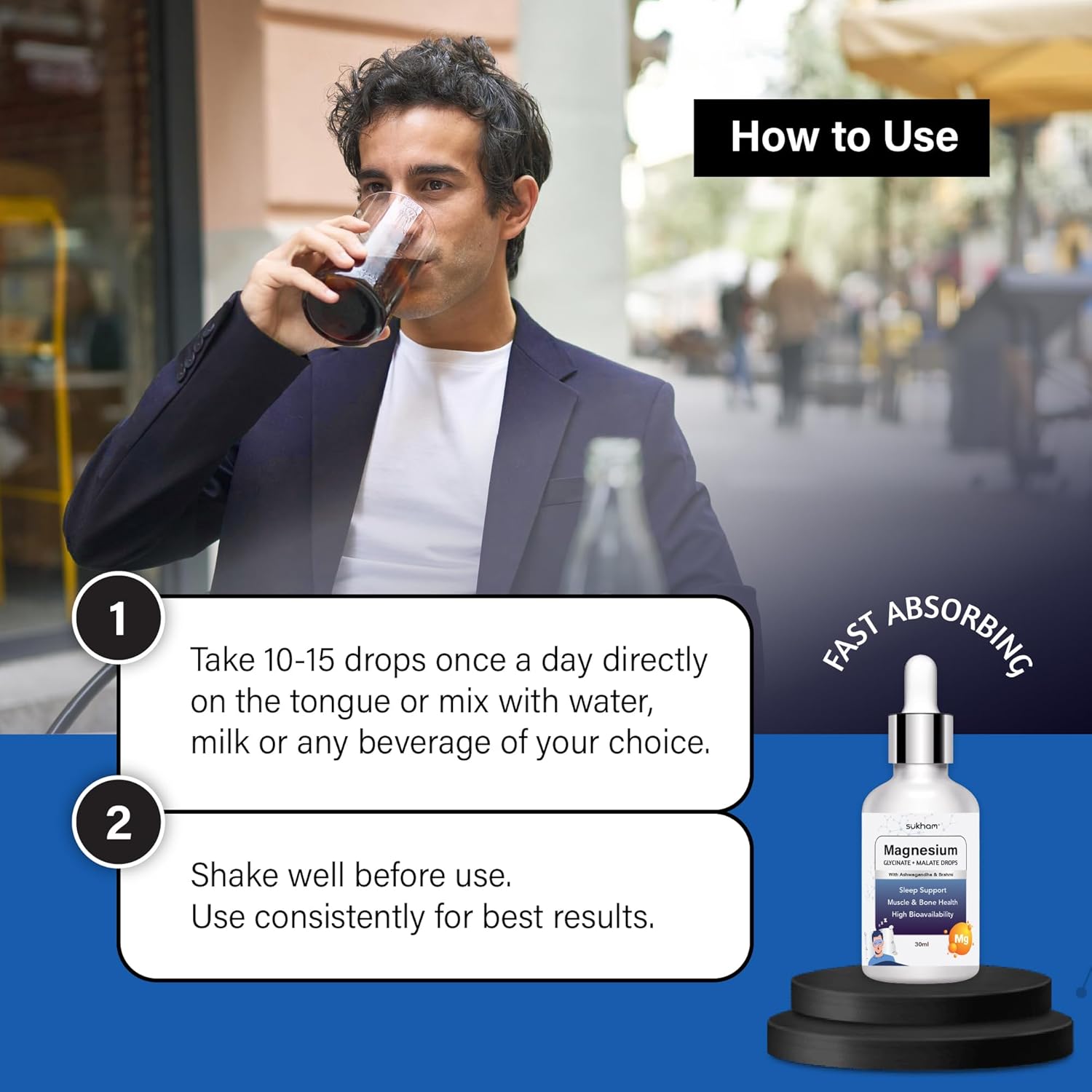 Sukhm Magnesium Glycinet + Melt Drops | 30ml | 40 days | High absorption supplement | Helps with better sleep. Muscle health and recovery | Ashwagandha and Brahmi | Oral drops for men and women Sukhm Magnesium Glycinet + Melt Drops | 30ml | 40 days | High absorption supplement | Helps with better sleep. Muscle health and recovery | Ashwagandha and Brahmi | Oral drops for men and women