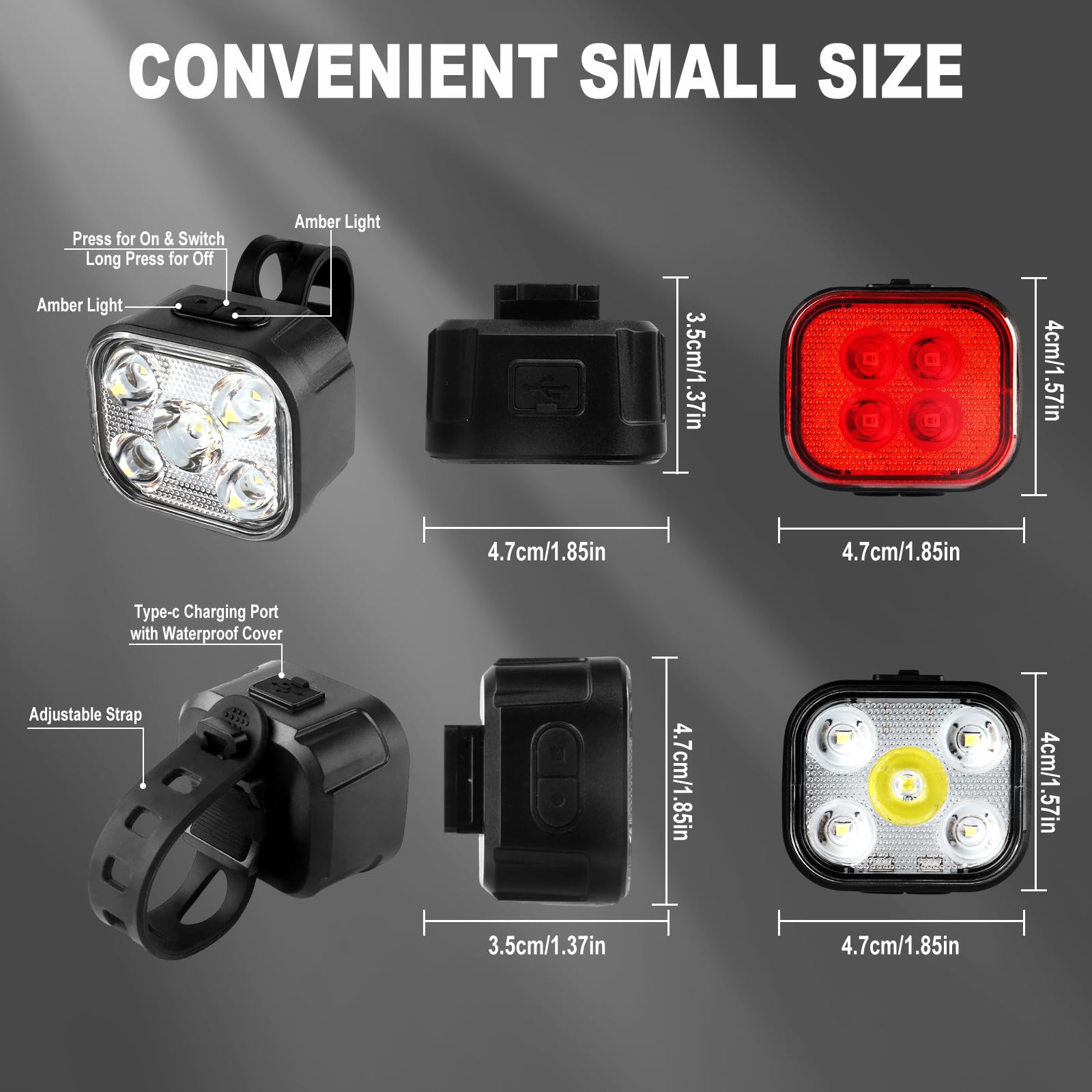 KunHe Confezione da 4 luci per bici per guida notturna, ricaricabili tramite USB, luci anteriori e posteriori, 8+12 modalità, set di luci per bicicletta, faro e fanale posteriore, facili da installare