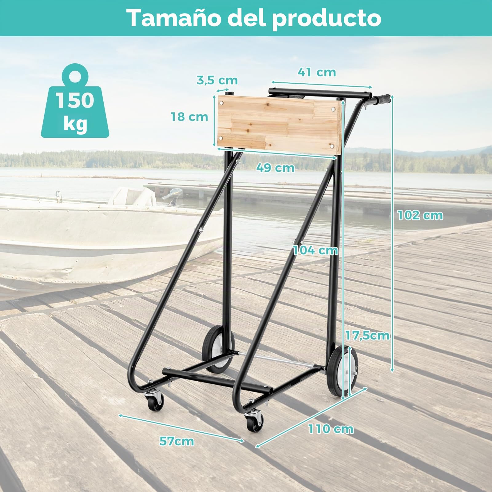 GOPLUS Soporte fueraborda, carro de transporte para motores de barcos con tablero de madera contrachapada gruesa y maciza, 4 ruedas y mango ergonómico, motor fueraborda para reparación, mantenimiento