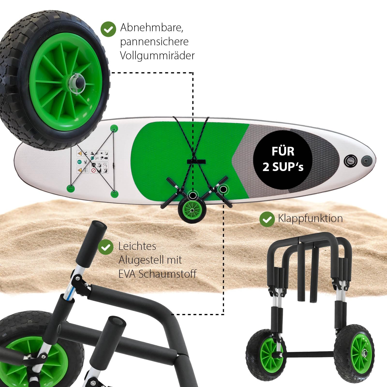 TRUTZHOLM SUP Wagen aus Aluminium mit Schaumstoff-Polsterung für Wassersportgeräte klappbarer Stand Up Pladdle Wagen mit PU-Rädern Kajakwagen Trolley Bootswagen Surfwagen inkl. 2 Sicherheitsgurte