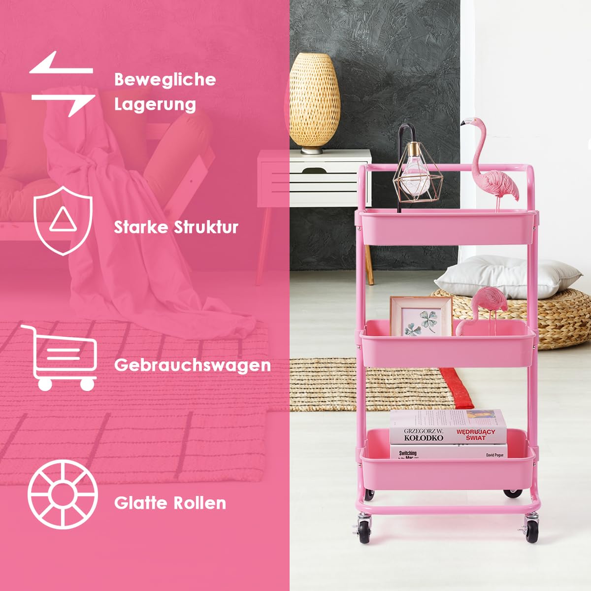COSTWAY Servierwagen auf Rollen, mobiler Wagen mit 3 Ebenen & Griff, Rollwagen aus Metall, 3 Gitterkörbe aus Kunststoff, Küchenrollwagen Badwagen Allzweckwagen, für Bad Küche Wohnzimmer (Rosa)