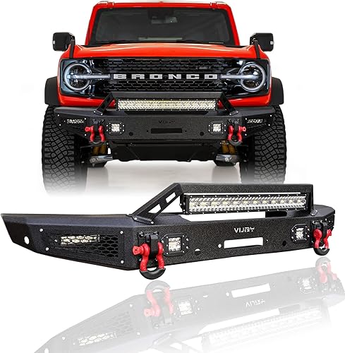 TIOYAR Parachoques delantero Rock Crawler Off Road con placa de cabrestante y 5 luces LED y 2 anillos en D y orificio de montaje para sensor