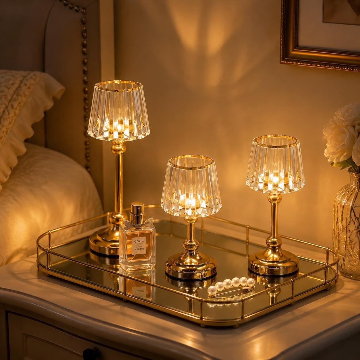 3 candelieri cristallo K9 dorati, decor tavola nozze