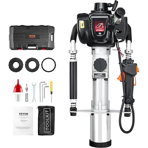 VEVOR 37.77cc Gas-Powered T Post Driver, 4-Stroke Engine Gasoline Fence Piling Pounder, with 3 Post Driving Head(45/55/88 mm), 1000W Portable Piledriver For Farm, Ranch Fencing, Road Improvements