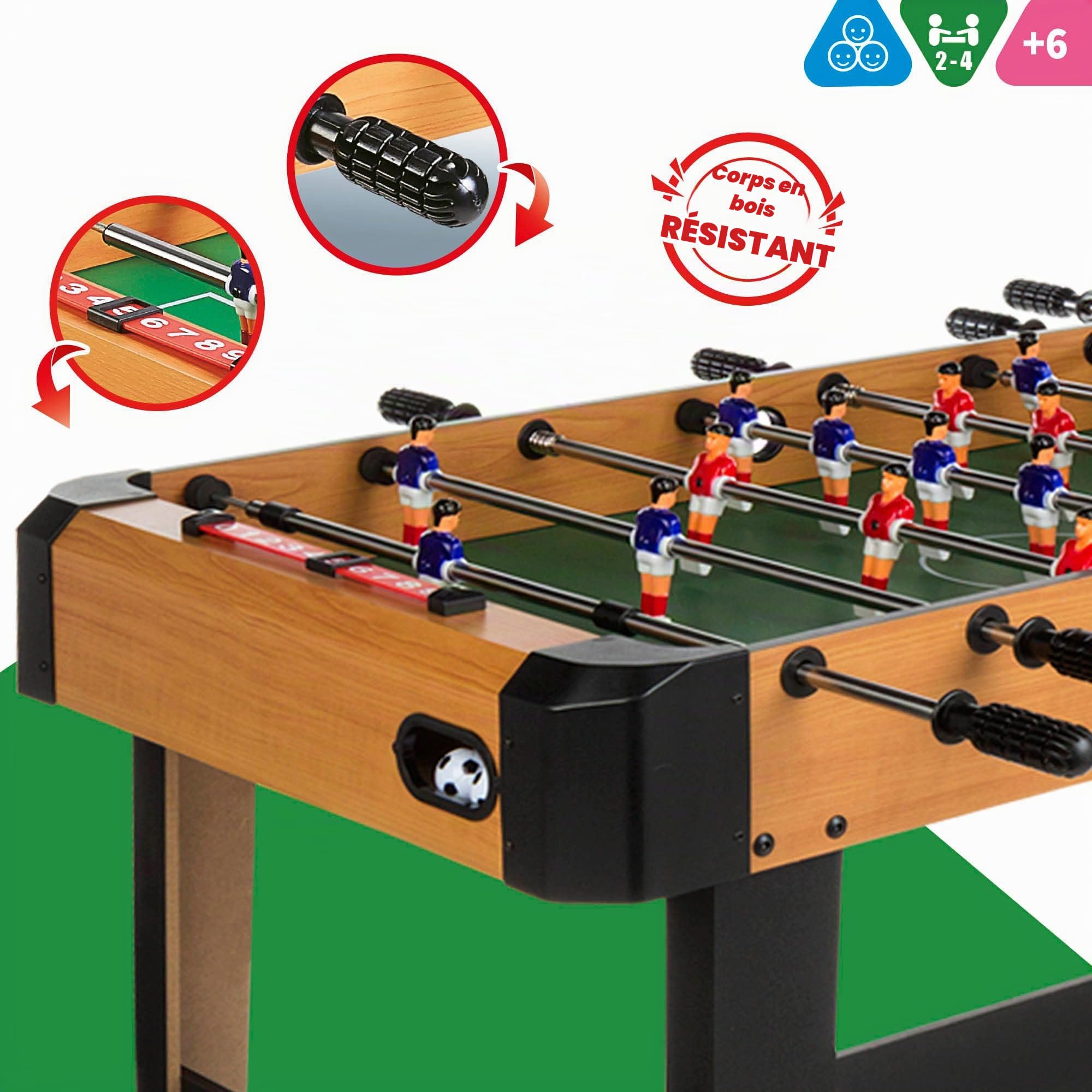 ColorBaby CB Games 85334 Baby-Foot en Bois résistant, 20 Joueurs, avec marqueurs manuels, pour 2 à 4 Personnes, 121 x 61 x 79 cm, Baby-Foot pour Enfants, Jouets 6 Ans