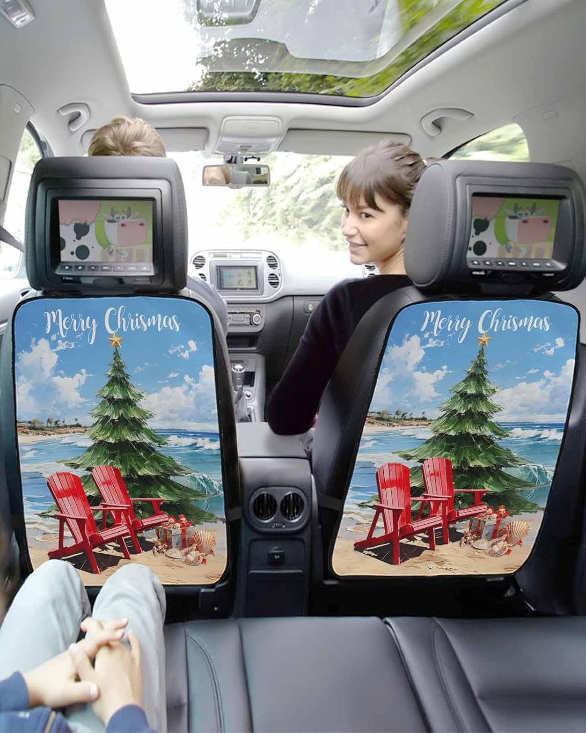 T&H XHome Car Seat Protector, 2 Pack Kick Mats Back Seat Protector Summer Beach Red Chair Christmas Tree Gift Waterproof Backseat Cover for Kids Universal Fit Automotive Interior Protectors