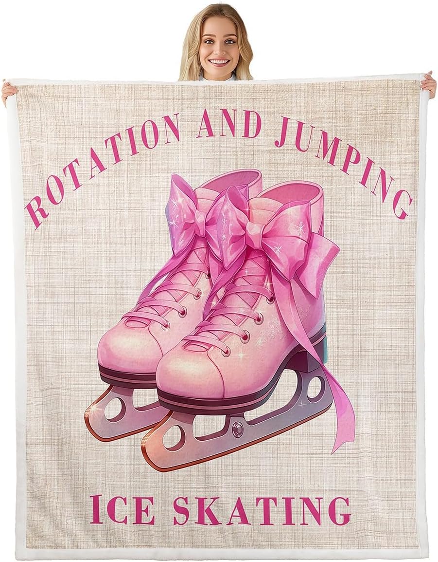 Pink Ice Skates Fleece Flannel Blanket,Girls Winter Sport Ice Skating Bed Blanket for Bed Sofa Couch,60"x80"Cute Princess Bowknot Bed Plush Blanket,Rustic Cloth Texture Print Lightweight Blanket