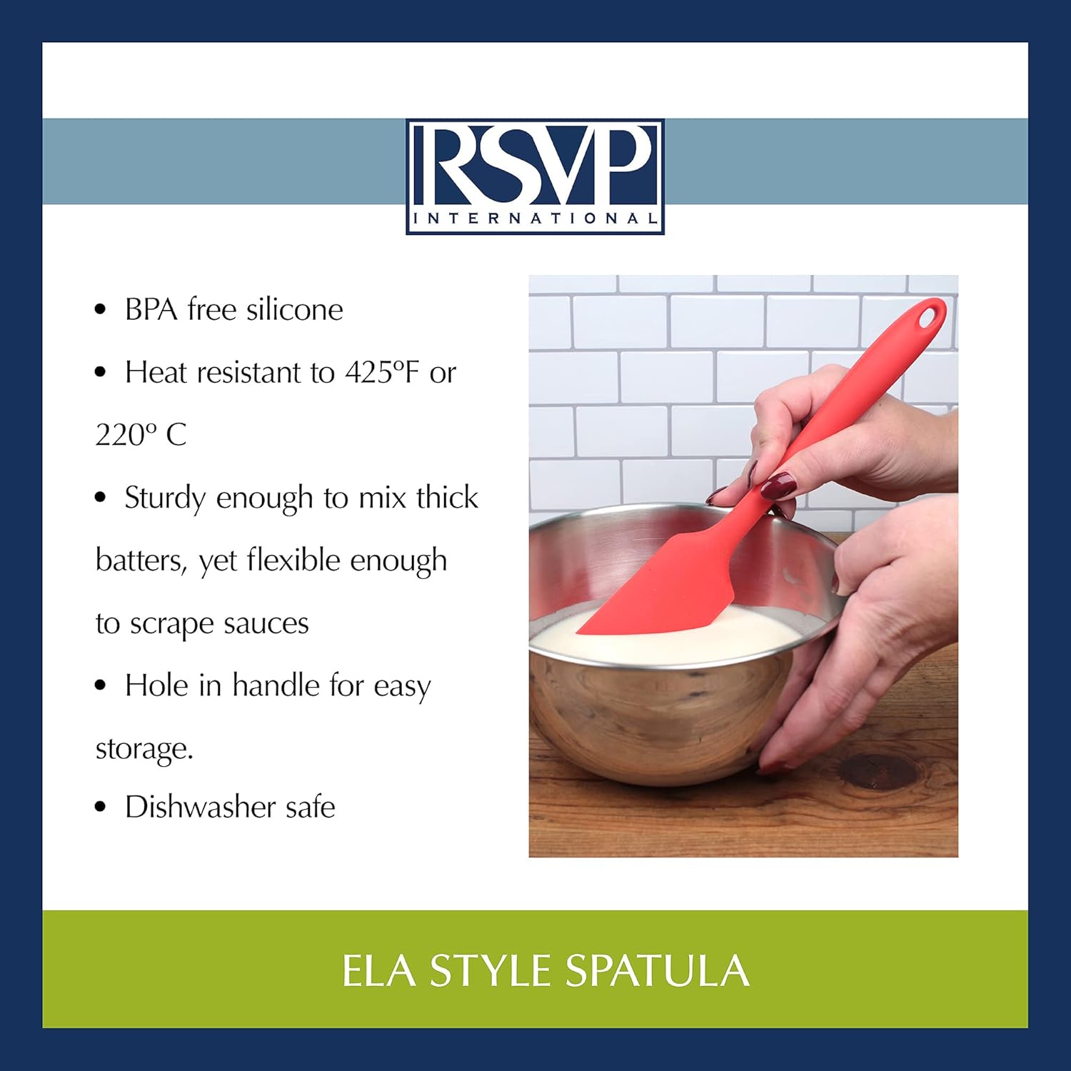 RSVP International Ela Series Heat Resistant Spatulas for Cooking & Baking Strong Silicone Wrapped Steel Rubber Scraper, Spatula, 11x2", Red
