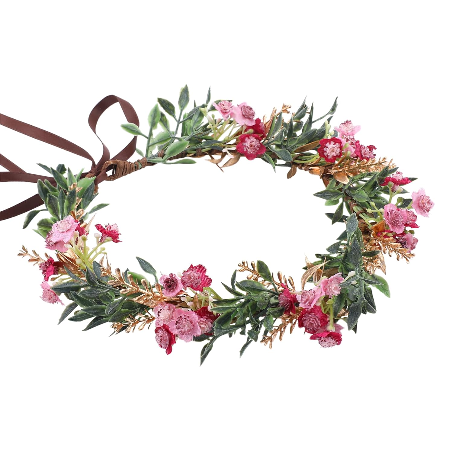 Women Girls Flower Crown - Golden Green Leaves Red Flower Headband Renaissance Floral Headpiece Hair Wreath for Bridal Maternity Vacation Party Festival Photo Prop - Image 2