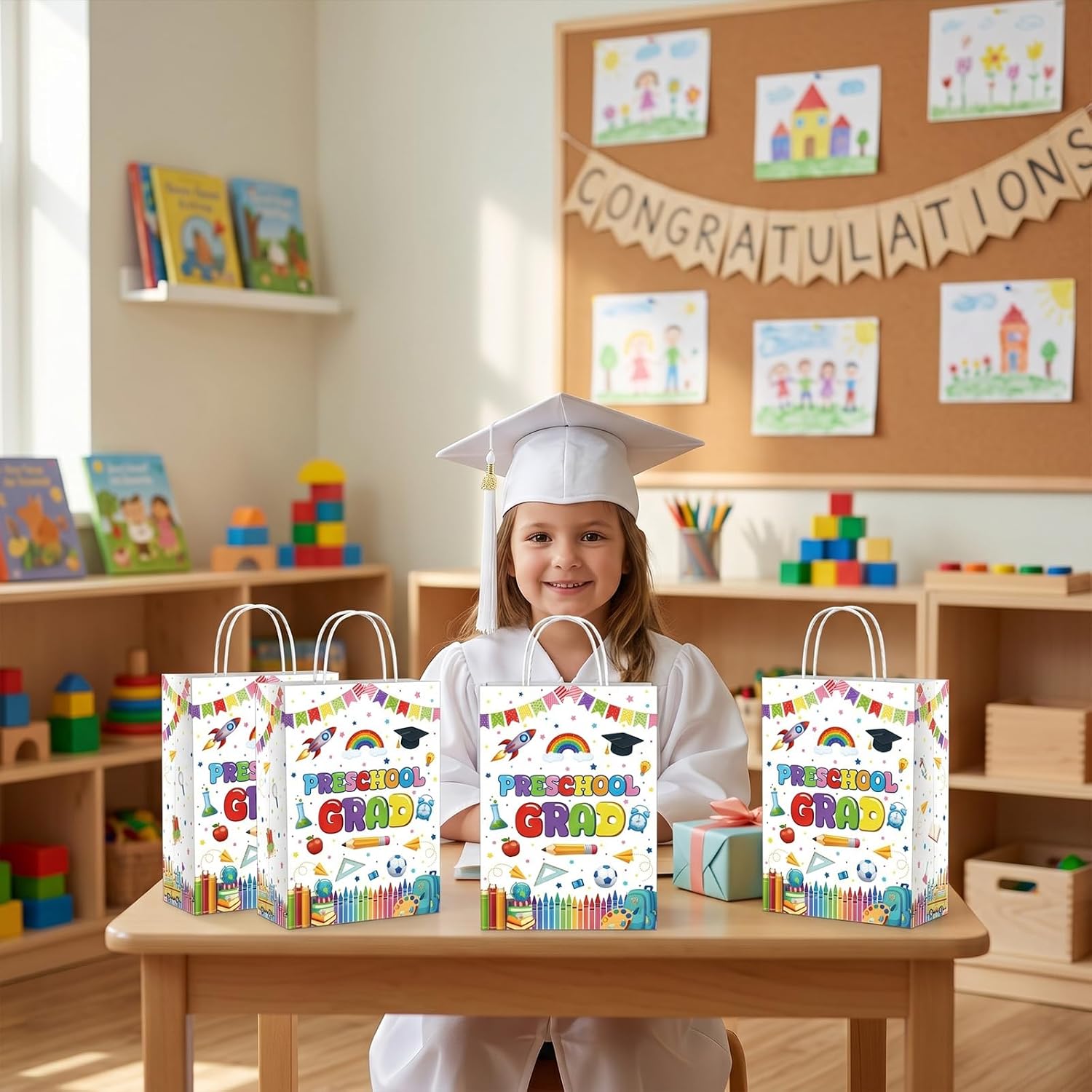 TAKEALOOKO 16 Pcs Kindergarten Graduation Gift Bags, Preschool Grad Paper Gifts Snacks Bags for Party Supplies, Class of 2026 Gift Candy Bags for Kindergarten Preschool Party Decoration
