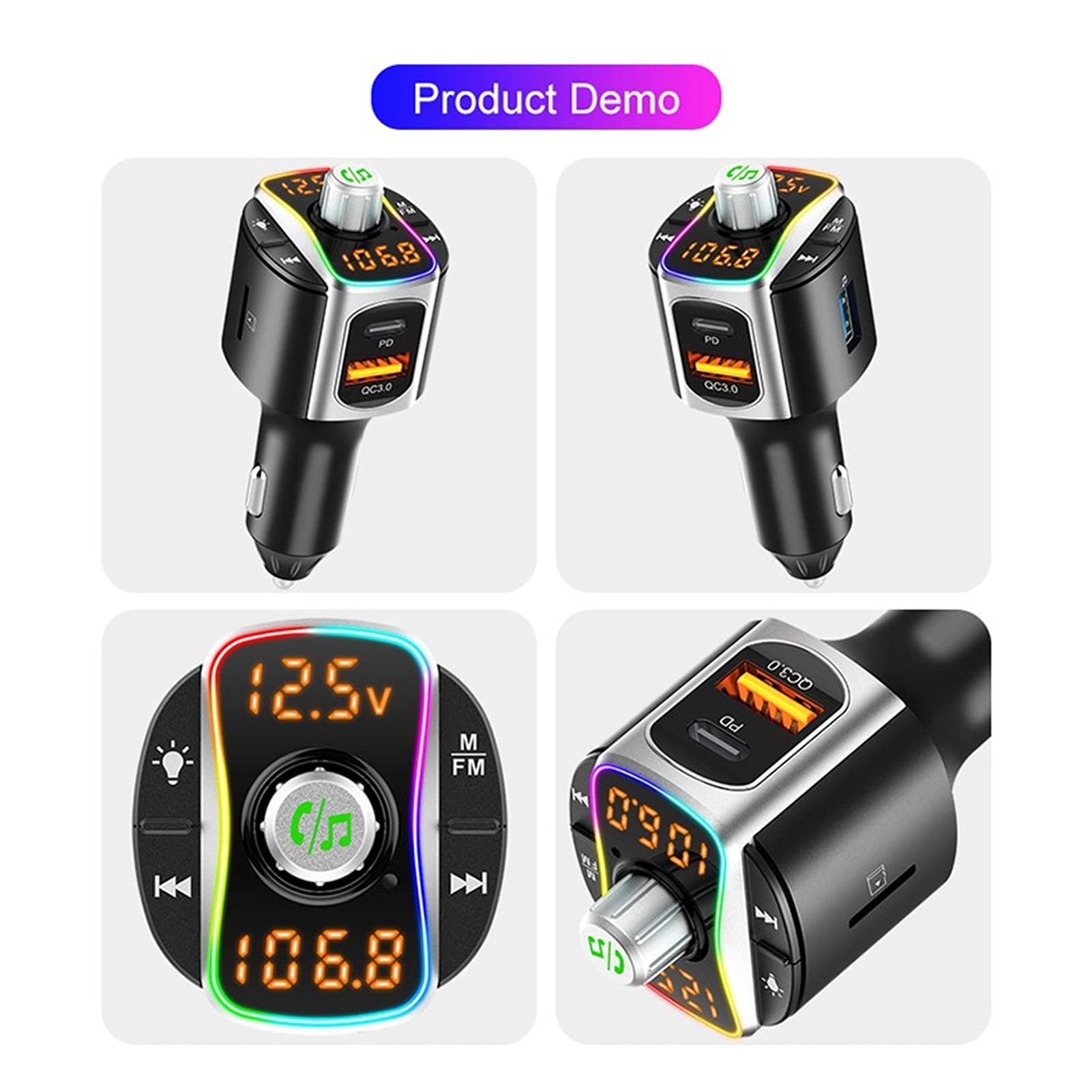 Adattatore Audio Bluetooth. FM. Trasmettitore Auto Bluetooth 5.0 Dual USB QC3.0. Caricabatteria for Auto QC PD. Adattatore Bluetooth Handsfree Wireless Aux Audio MP3. Giocatore