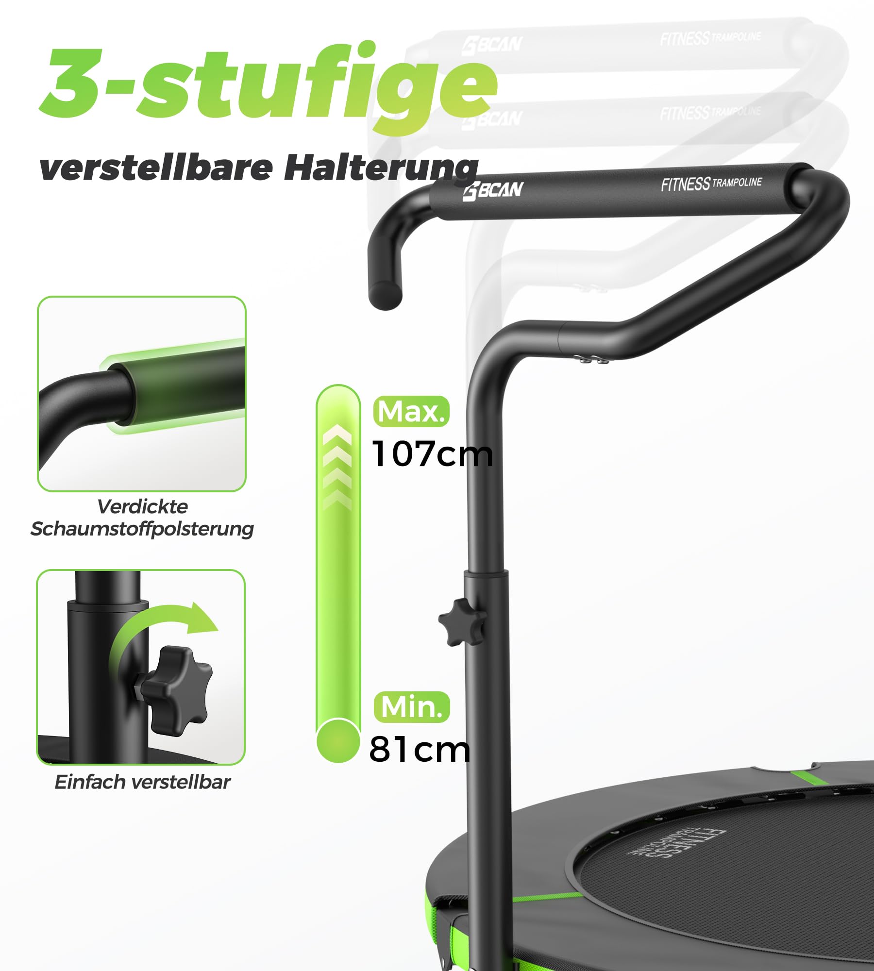 BCAN Trampolin Indoor, 102 cm Jumping Trampolin Fitness, Faltbar, Tragfähigkeit 150 KG, Verstärkte Feder, Verstellbarer Haltegriff mit Schaumstoffpolsterung, Geeignet für Erwachsene und Kinder