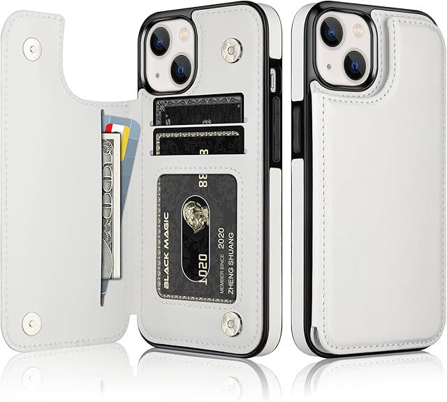 Vofolen for iPhone 13 Case with Card Holder Slots iPhone 13 Wallet Case Folio PU Leather Case Slim Flip Case Magnetic Closure Case Shockproof Protective Case Cover for iPhone 13 Phone Case - White
