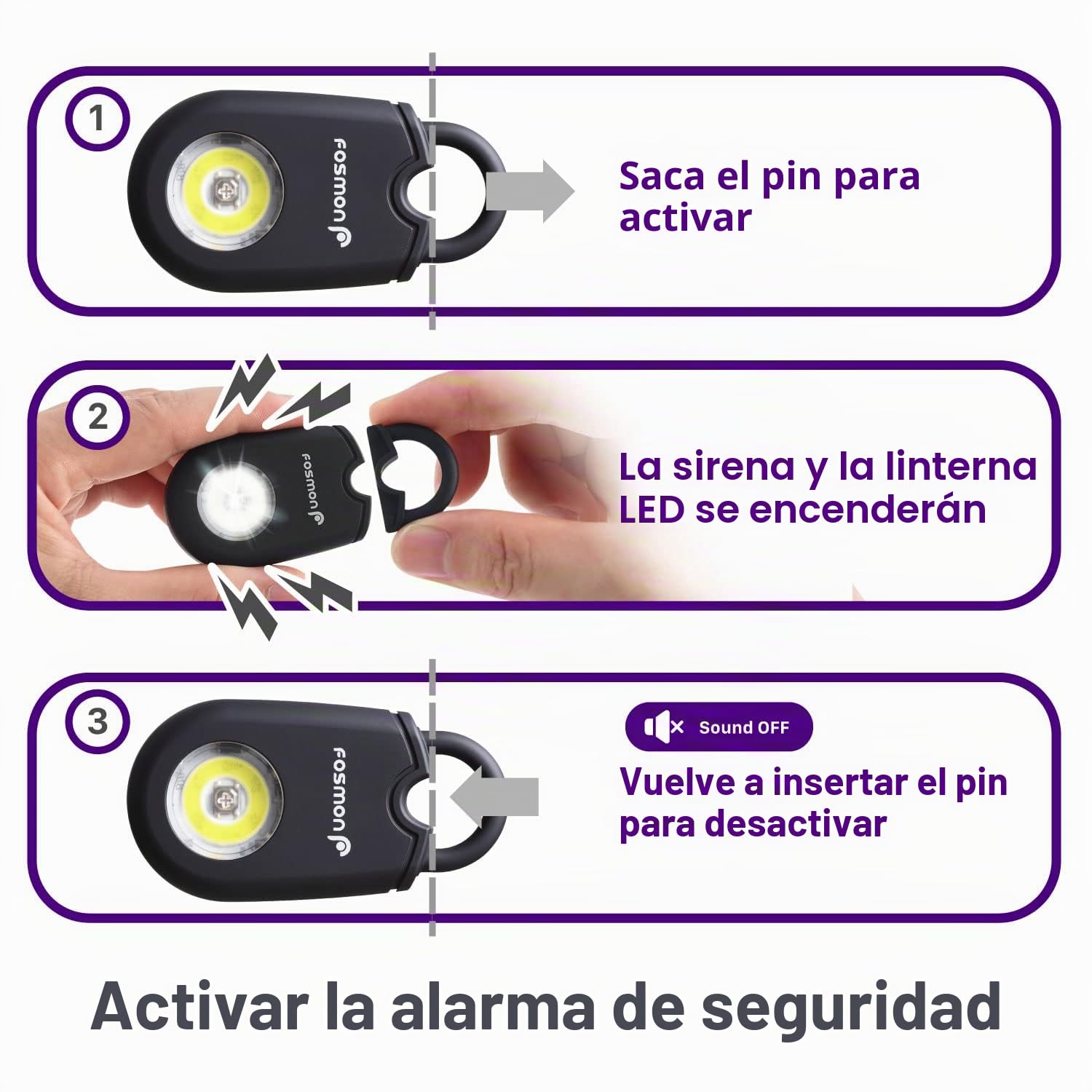 Fosmon - Alarma personal de bolsillo antiagresión | Alarma para Mujer y Hombre | Sirena de 130dB audible hasta 180m | Alarma personal con luz intermitente | Alarma con mosquetón | Paquete de 2 alarmas